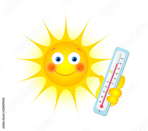 Sonne mit Thermometer in der Hand, 
Vektor Illustration isoliert auf weißem Hintergrund

