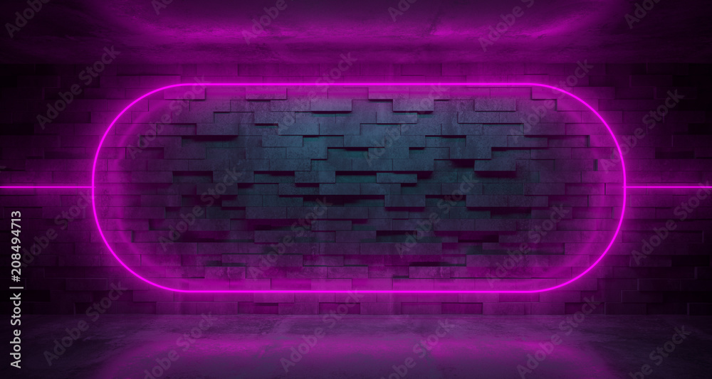 Futuristic Sci-Fi Room With purple Neon Lights And Brick Wall With Empty Space And Reflections. 3D Rendering Futuristic Sci-Fi Room With purple Neon Lights And Brick Wall With Empty Space And Reflections. 3D Rendering