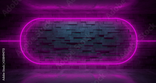 Futuristic Sci-Fi Room With purple Neon Lights And Brick Wall With Empty Space And Reflections. 3D Rendering