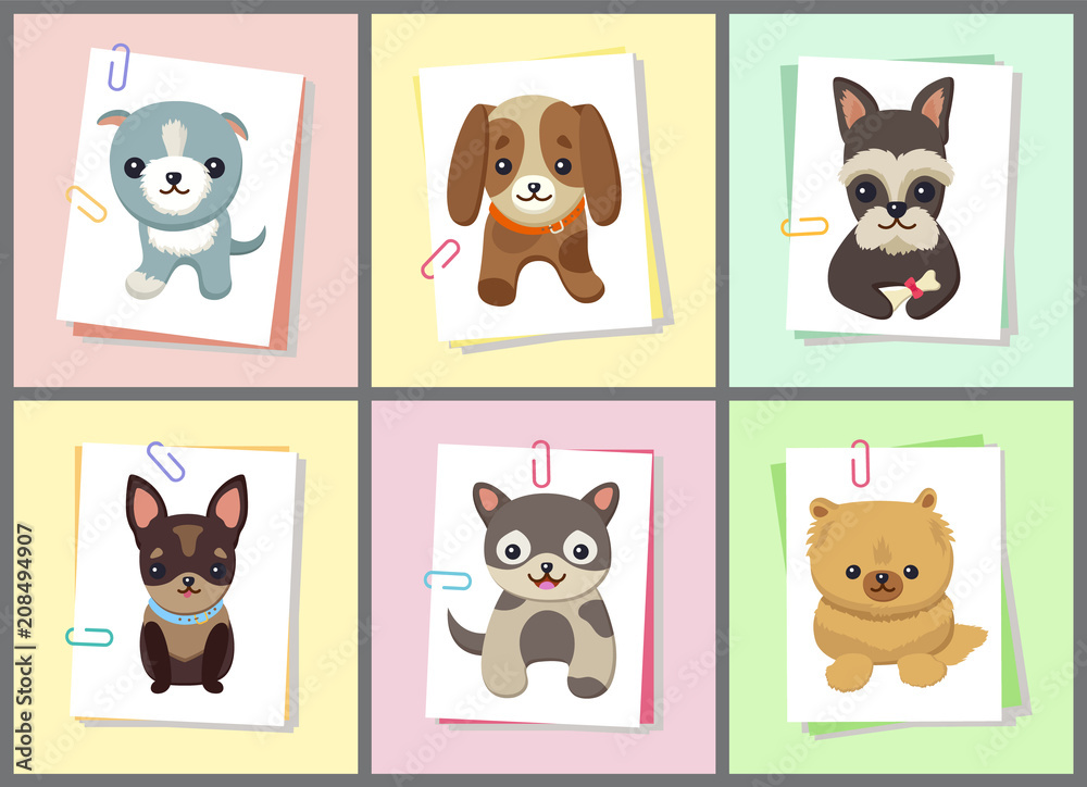 Puppies and Dogs Poster Set Vector Illustration