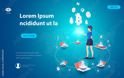 Concept of big data processing, energy station of future, data center, Cryptocurrency and blockchain isometric composition Smart object and smart technology design. for working on blockchain start up.