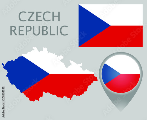 Colorful flag, map pointer and map of Czech Republic in the colors of the Czech flag. High detail. Vector illustration