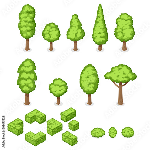 Isometric vector set of park plants, trees and bushes