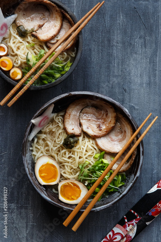 Japanese ramen soup with pork, egg and chives