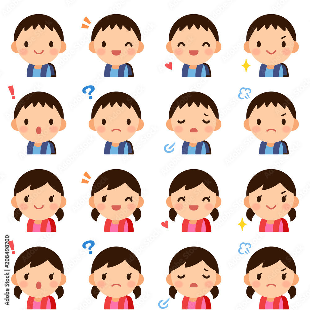 Isolated set of cute elementary school student boy & girl flat avatar expressions Isolated set of cute elementary school student boy & girl flat avatar expressions