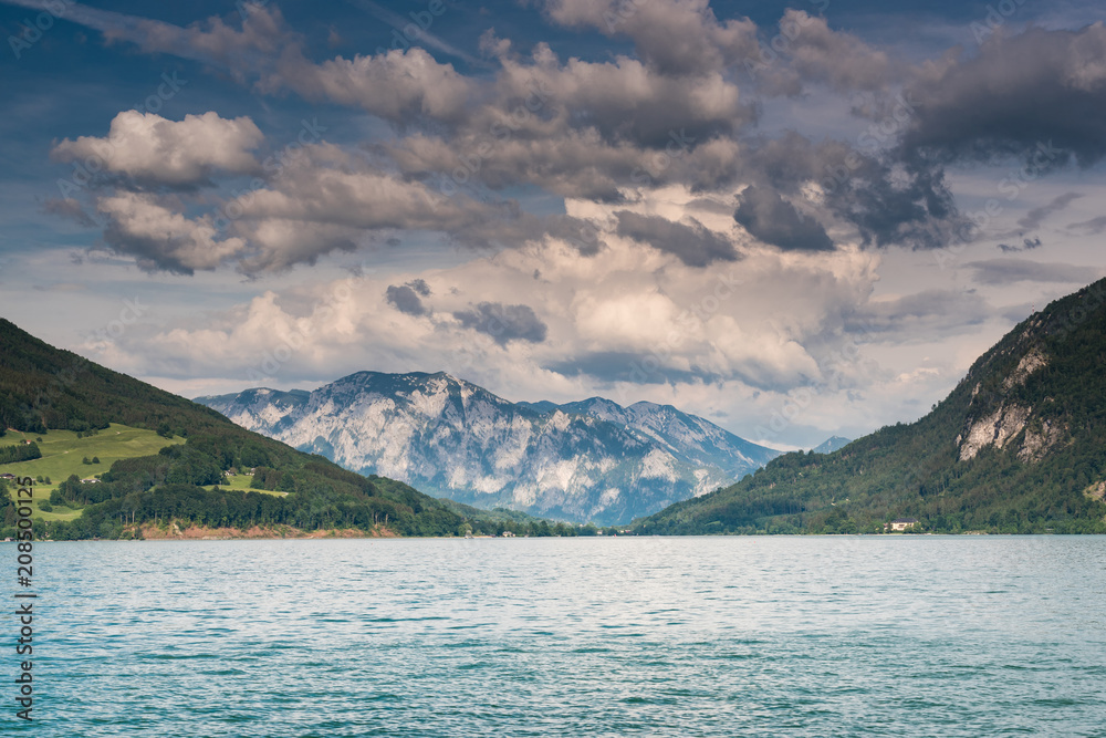 Beautiful cloudscape over mountains and lake at Wolfgangsee,Austria