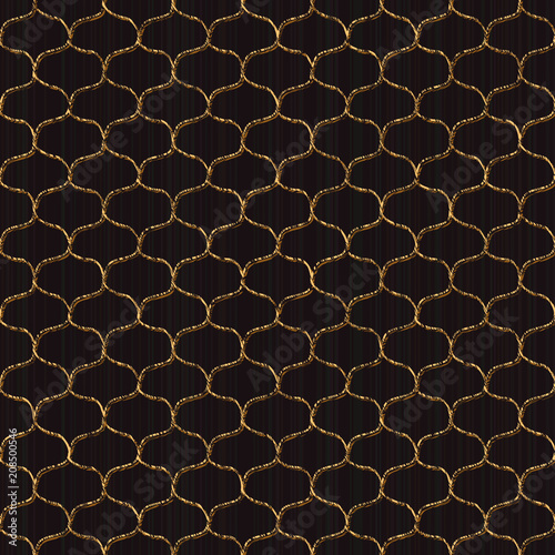 Seamless pattern based on japanese sashiko. Stylized ornament scratched texture. Inclined golden motif. Black background. Abstract geometric backdrop for web-page background or pattern fills.