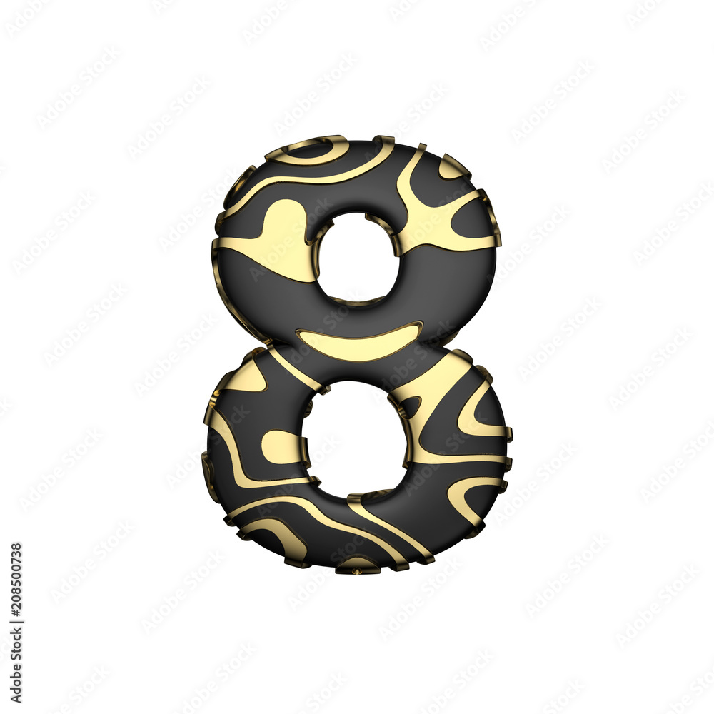Alphabet number 8. Black carbonic font with yellow golden stains. 3D render isolated on white background.
