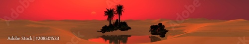 Oasis in the sandy desert at sunset, a lake in the sands with palm trees,
3D rendering

