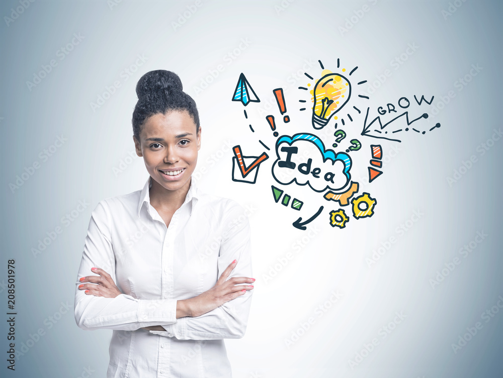 Cheerful African American woman, business idea Cheerful African American woman, business idea