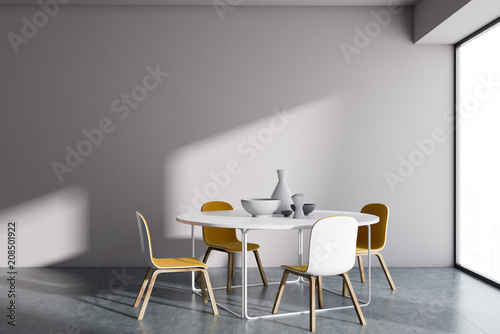 Minimalistic panoramic white dining room interior