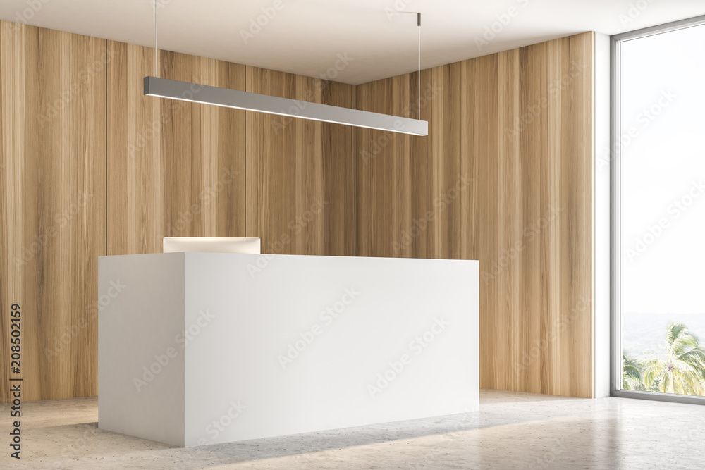 White reception in wooden office corner White reception in wooden office corner