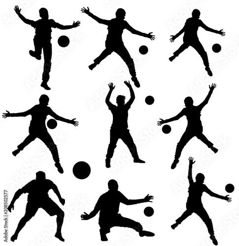 Collection of handball goalkeeper vector silhouette isolated on white background. Soccer goalkeeper silhouette vector. Defender sportsman position. Save penalty. Man on goal. Active sport boy.