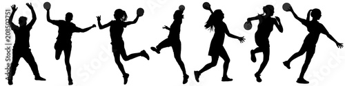 Handball player in action vector silhouette illustration isolated on white background. Woman handball player symbol. Handball girl jumping in the air. Handball (soccer) goalkeeper silhouette vector. 