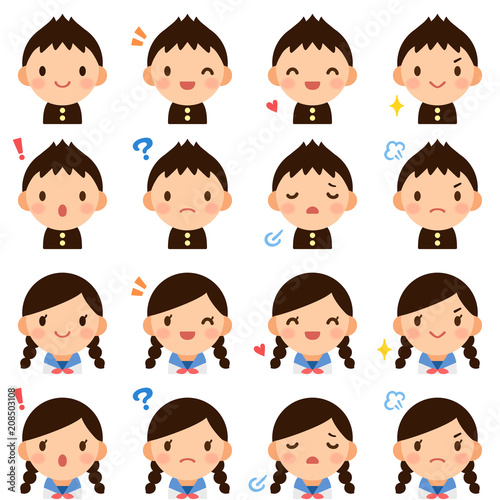 Isolated set of cute junior high school student boy & girl flat avatar expressions	