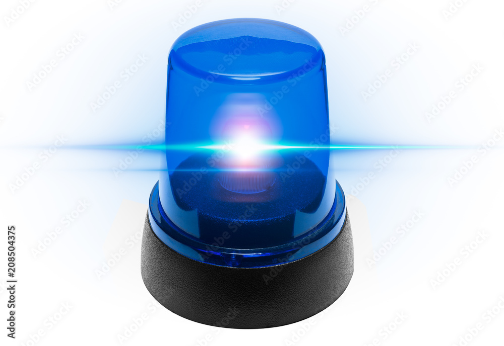 Blaulicht Einsatz, Notfall, Polizei Sirene strahlend leuchtend auf weißem  Hintergrund Stock-Foto