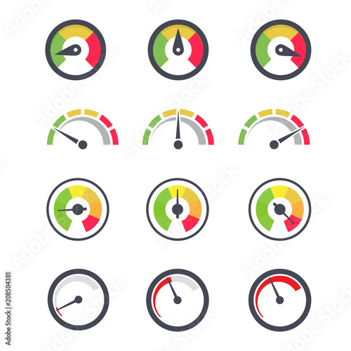 speedometer icon, indicator of minimum and maximum gauge with various needle pointer