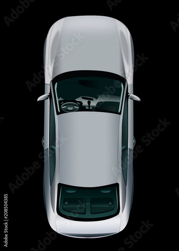 Grey passenger car top view on black background. Isolated grey car