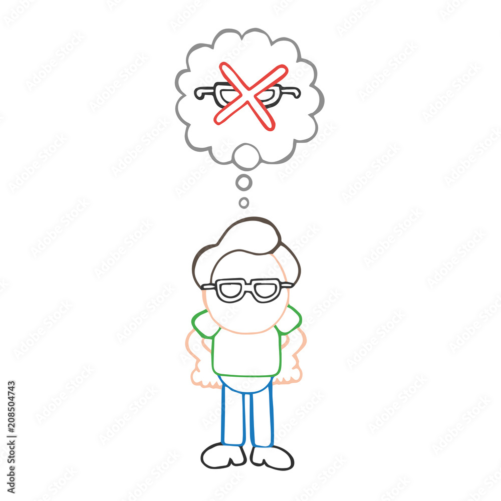 Vector hand-drawn cartoon of man standing dreaming of perfect vision Vector hand-drawn cartoon of man standing dreaming of perfect vision