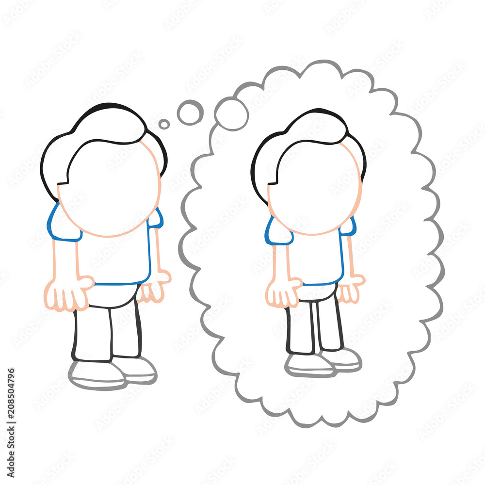 Vector hand-drawn cartoon of fat man standing dreaming of being thin thought bubble Vector hand-drawn cartoon of fat man standing dreaming of being thin thought bubble