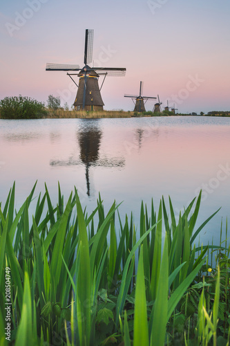 Windmill reflected in the canal Kinderdijk Rotterdam South Holland Netherland Europe