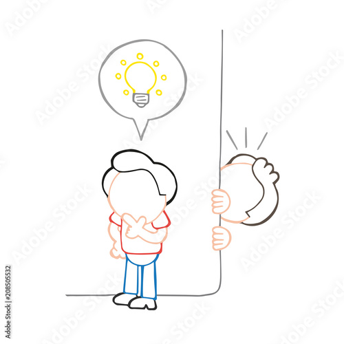 Vector hand-drawn cartoon of man spying on man with light bulb icon idea behind wall