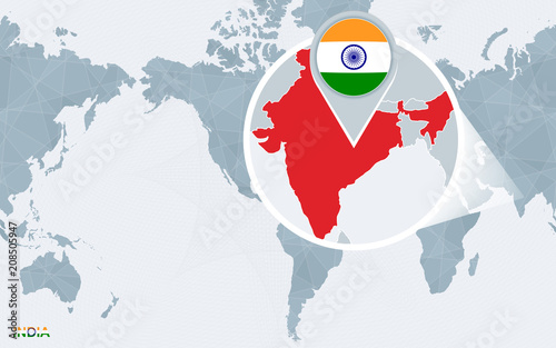 World map centered on America with magnified India.