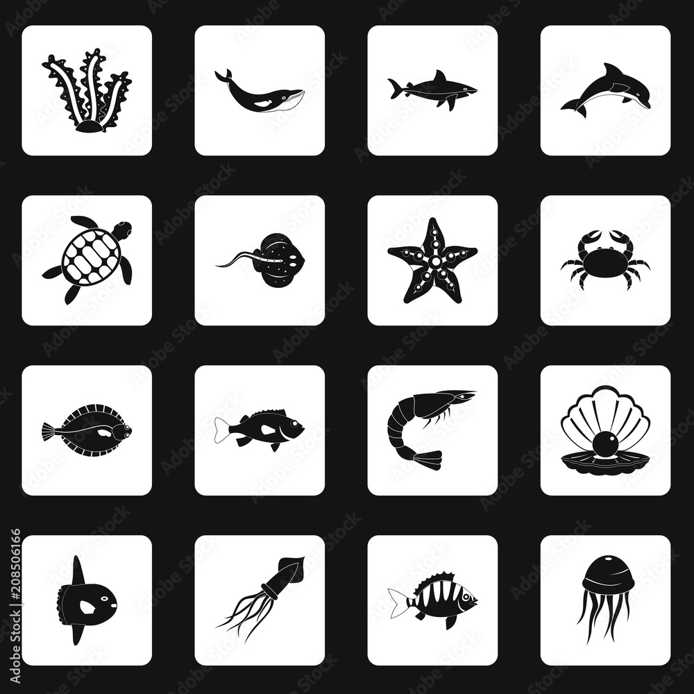 Sea animals icons set in white squares on black background simple style vector illustration