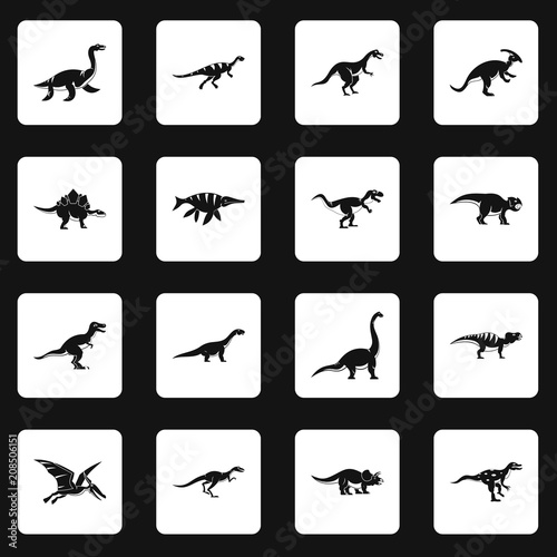 Dinosaur icons set in white squares on black background simple style vector illustration © ylivdesign