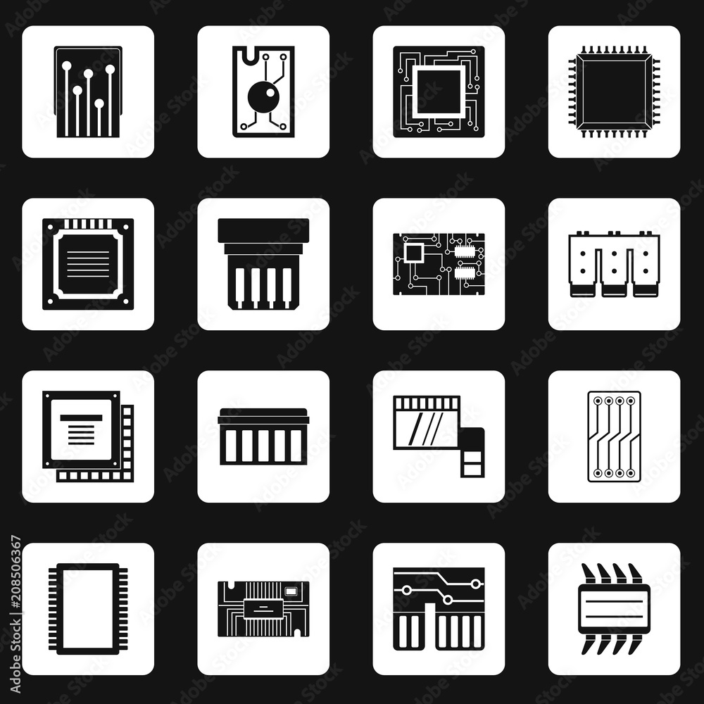 Computer chips icons set in white squares on black background simple style vector illustration Computer chips icons set in white squares on black background simple style vector illustration