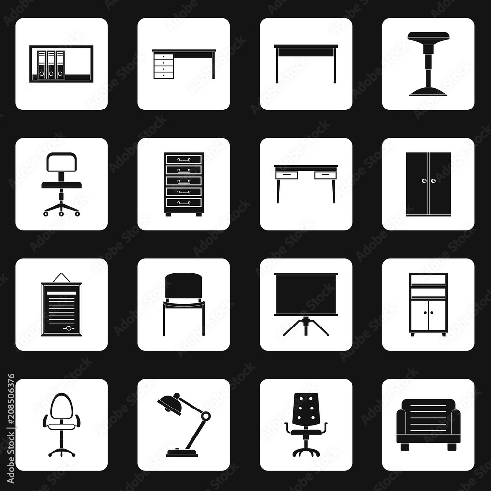 Office furniture icons set in white squares on black background simple style vector illustration Office furniture icons set in white squares on black background simple style vector illustration