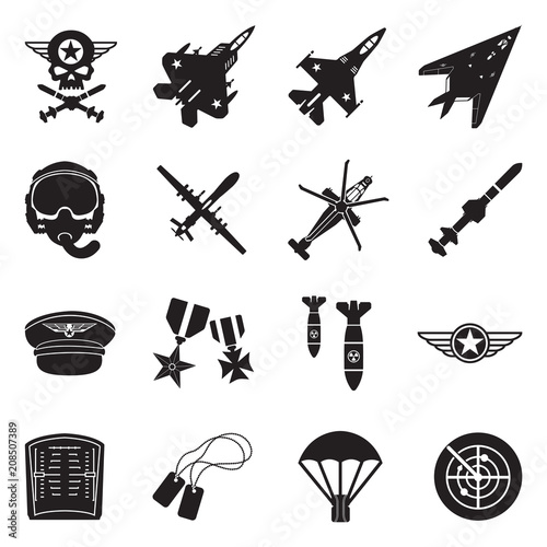 Air Force Icons. Black Flat Design. Vector Illustration.
