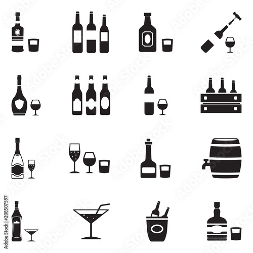 Alcoholic Drinks Icons. Black Flat Design. Vector Illustration.