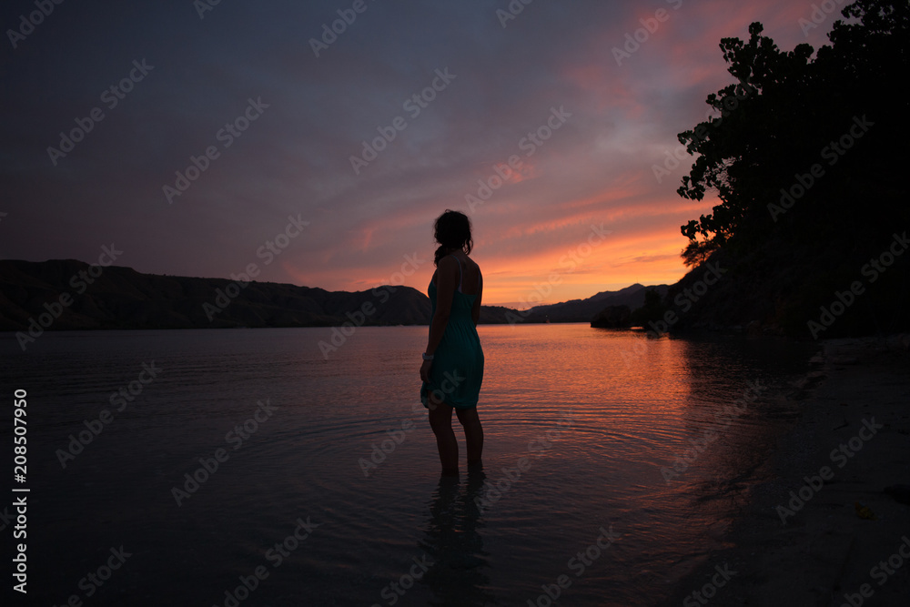 Woman in a blue dress looking out at sunset