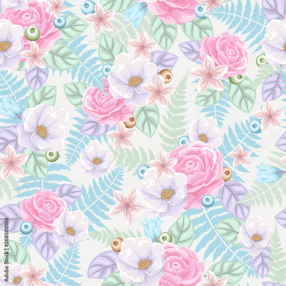 Plakat Vector seamless pattern with flowers on light background. Pastel floral illustration for textile, print, wallpapers, wrapping.
