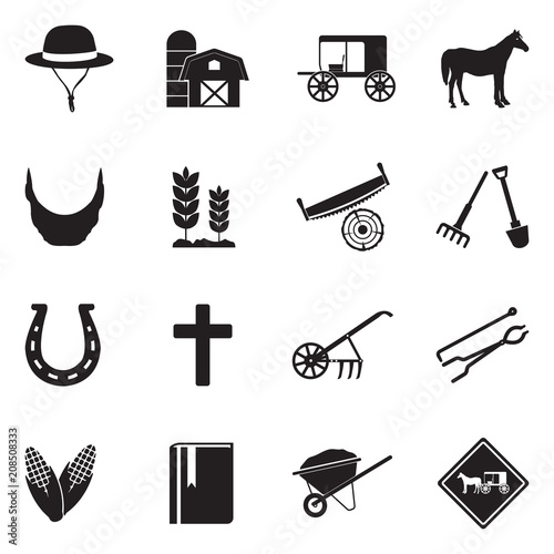 Amish Icons. Black Flat Design. Vector Illustration.