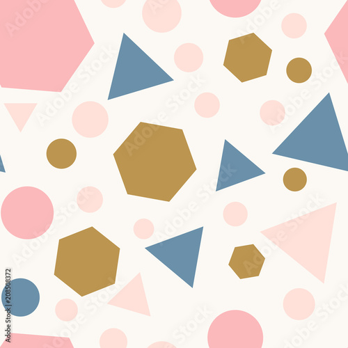 Abstract seamless pattern with colorful chaotic hexagons, circles and triangles on white. Infinity geometric pattern. Vector illustration. 