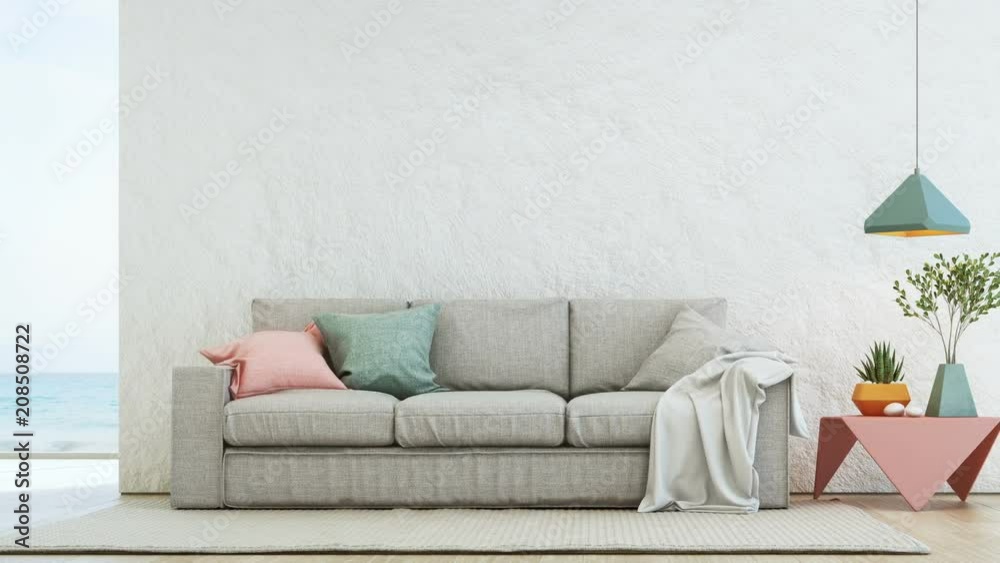 Sea view living room of luxury summer beach house with glass window and wooden floor. Empty rough white concrete wall background in vacation home or holiday villa. Hotel interior 3d illustration.