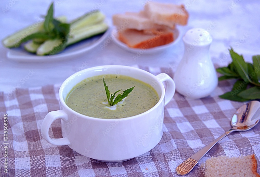 Summer cold yoghurt soup with fresh cucumber, green peas and mint Summer cold yoghurt soup with fresh cucumber, green peas and mint
