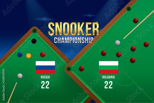 Vector of snooker championship  with team competition and scoreboard on green snooker table background.