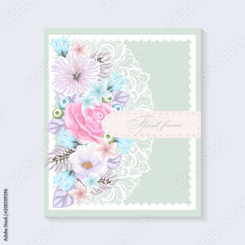 Vector Greeting card with bouquet flowers on white background. Design for wedding, birthday and other holidays. Floral frame.