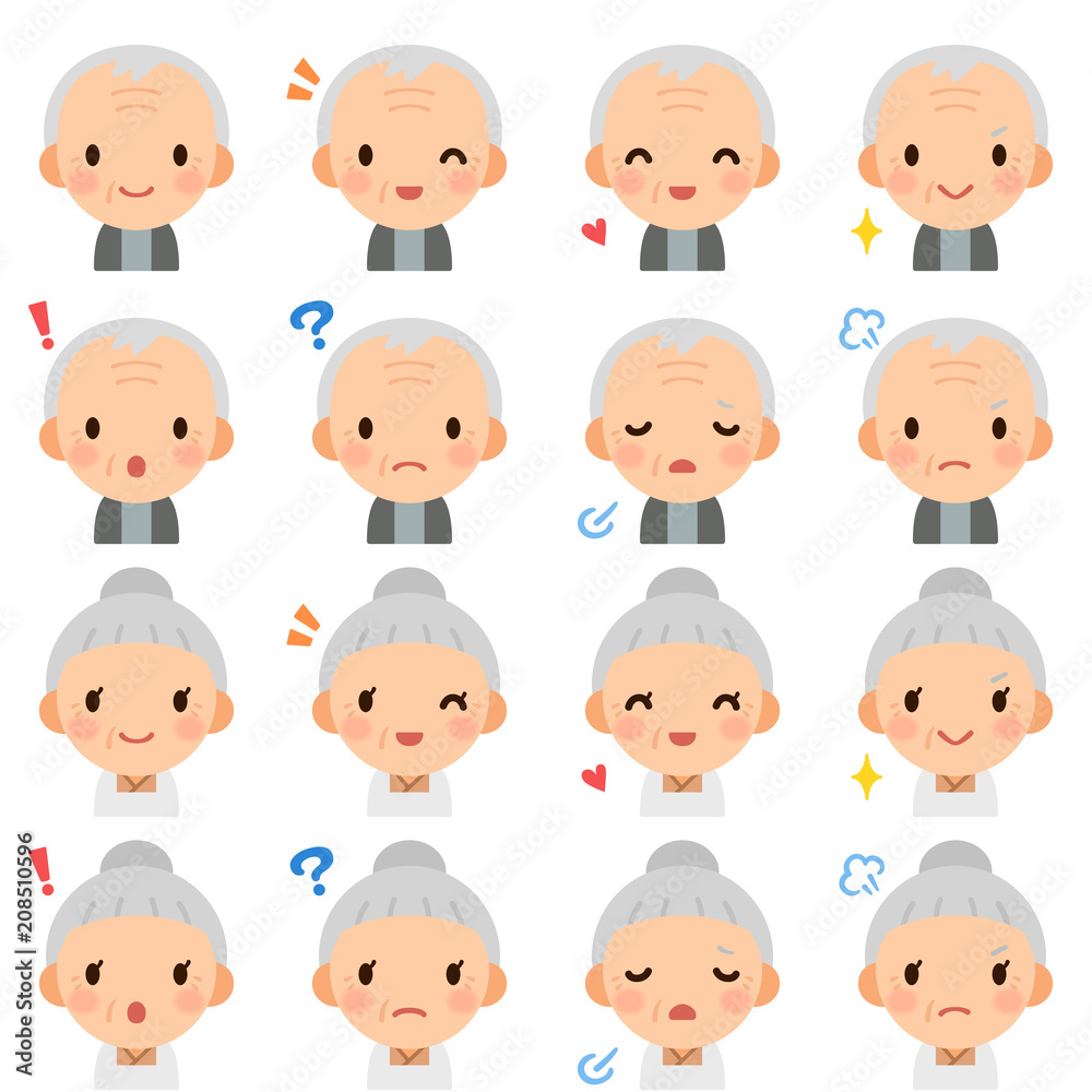Isolated set of elderly man & woman flat avatar expressions Isolated set of elderly man & woman flat avatar expressions