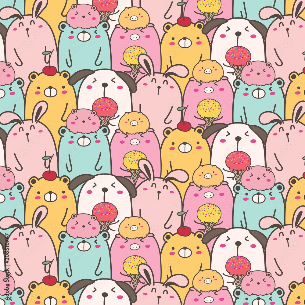 Fototapeta premium Cute Animal Vector Pattern Background. Fun Doodle. Handmade Vector Illustration.