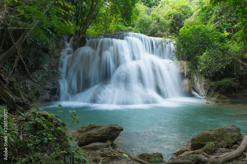 Huay Mae Khamin waterfalls in deep forest at Srinakarin National Park  Kanchanaburi  A beautiful stream water famous rain forest waterfall in Thailand