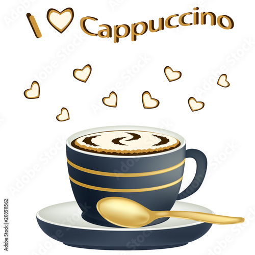 Coffee cappuccino close-up. Cup of hot coffee isolated on white background. Cappuccino in a porcelain cup. Vector illustration.