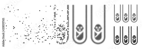 Dispersed baby cloning test-tubes dotted icon with disintegration effect. Halftone pixelated and undamaged solid gray versions. Dots have square shape.