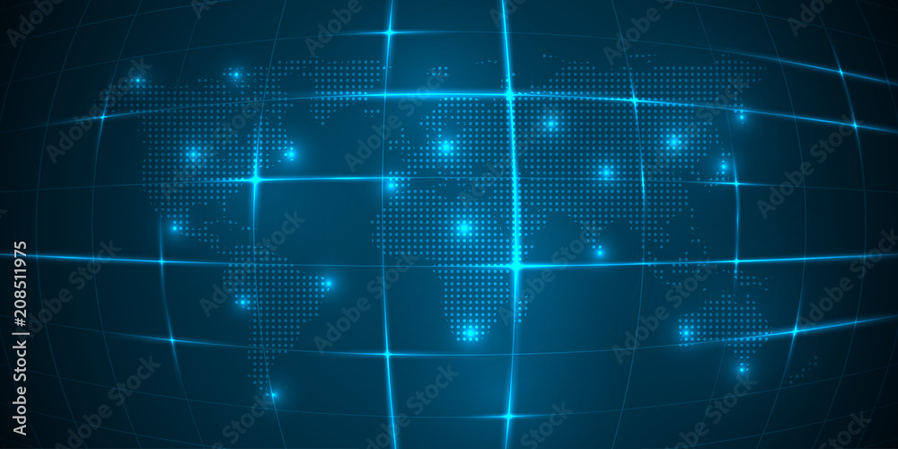 Vector World map with continent on a blue background with a bright grid Vector World map with continent on a blue background with a bright grid