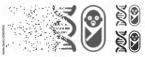 Dispersed baby genetics pixel icon with disintegration effect. Halftone dotted and intact solid gray versions. Dots have rectangle shape. Pieces are composed into dissolving baby genetics form.