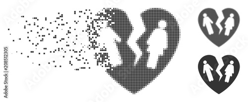 Dissolved broken family heart pixel icon with disintegration effect. Halftone pixelated and intact whole gray versions. Dots have rectangle shape.
