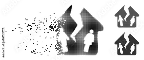 Dissolved divorce house dotted icon with disintegration effect. Halftone pixelated and undamaged whole gray variants. Dots have rectangular shape.